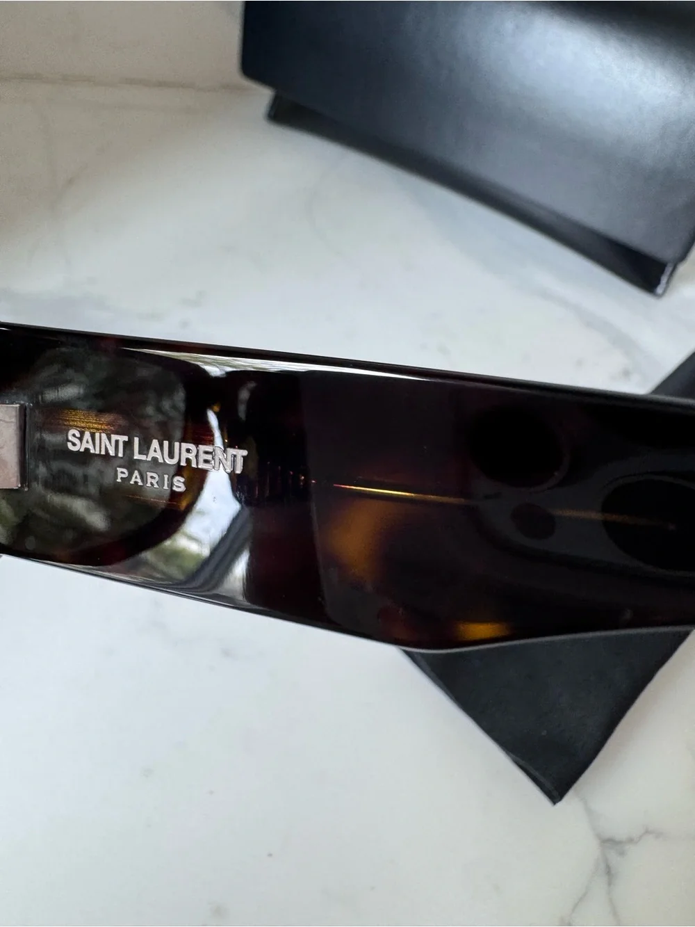 Saint Laurent Glossy Dark Havana Rectangular Sunglasses with Dark Lenses